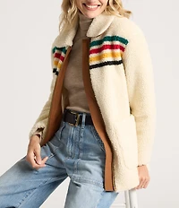 Pendleton Glacier Sunset Stripe Print Club Collar Patch Pocket Zip Front Barn Coat