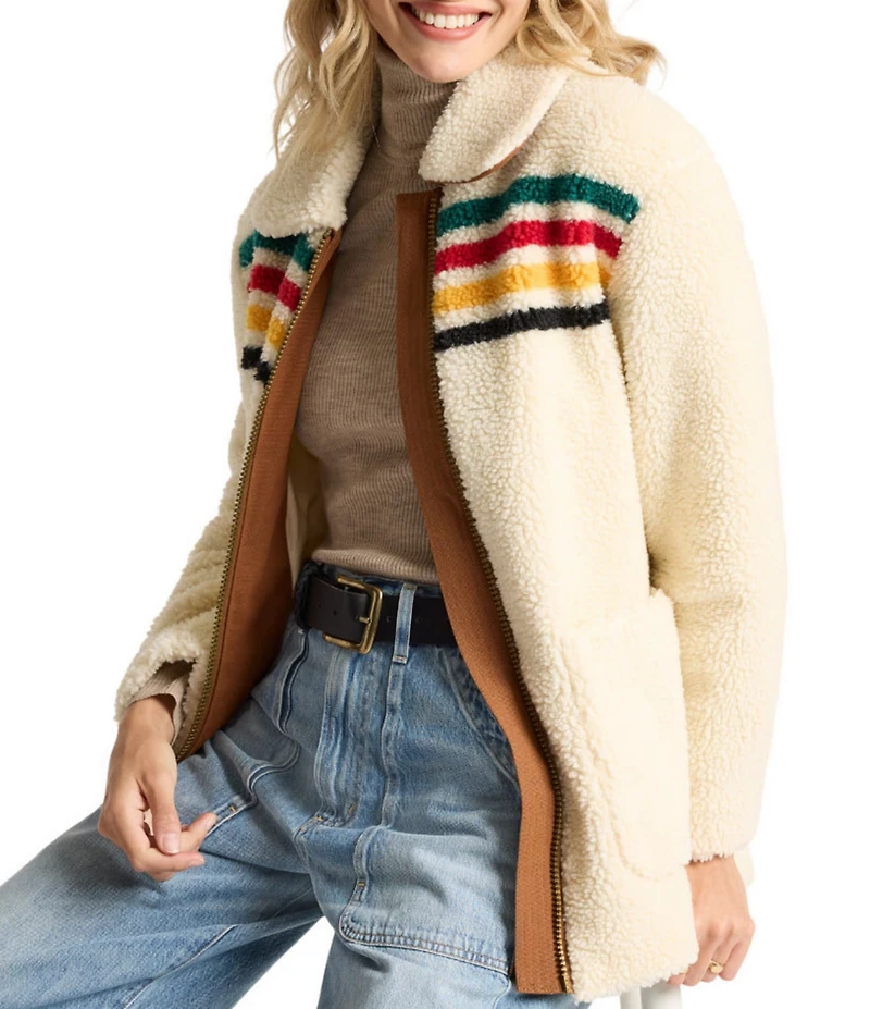 Pendleton Glacier Sunset Stripe Print Club Collar Patch Pocket Zip Front Barn Coat