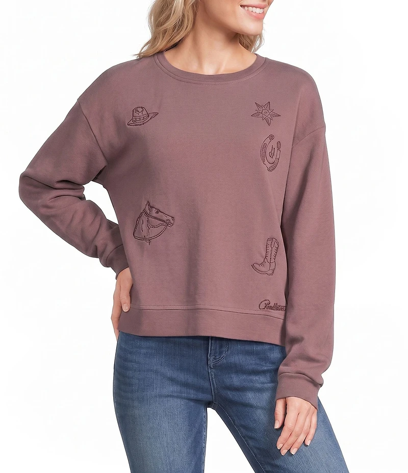 Pendleton Graphic Western Embroidered French Terry Knit Crew Neck Long Sleeves Sweater Top