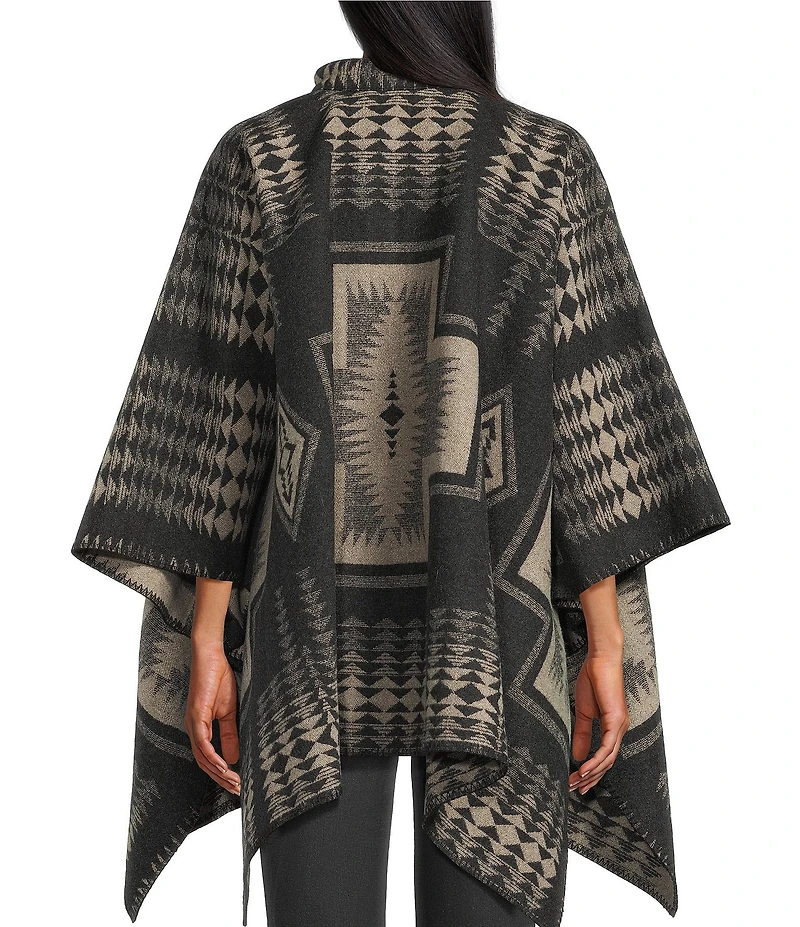 Pendleton Jacquard Wool Harding Pattern Stand Collar Long Sleeve Poncho