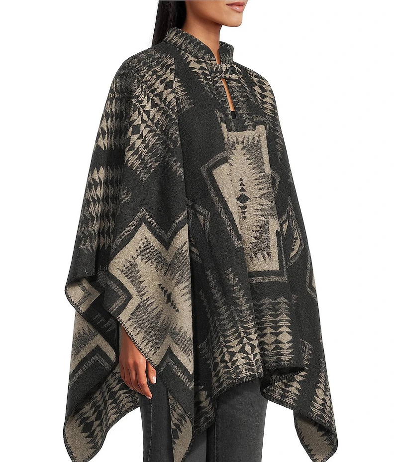 Pendleton Jacquard Wool Harding Pattern Stand Collar Long Sleeve Poncho