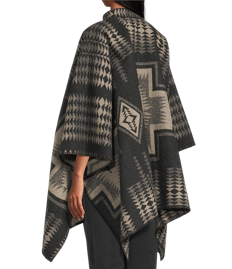 Pendleton Jacquard Wool Harding Pattern Stand Collar Long Sleeve Poncho