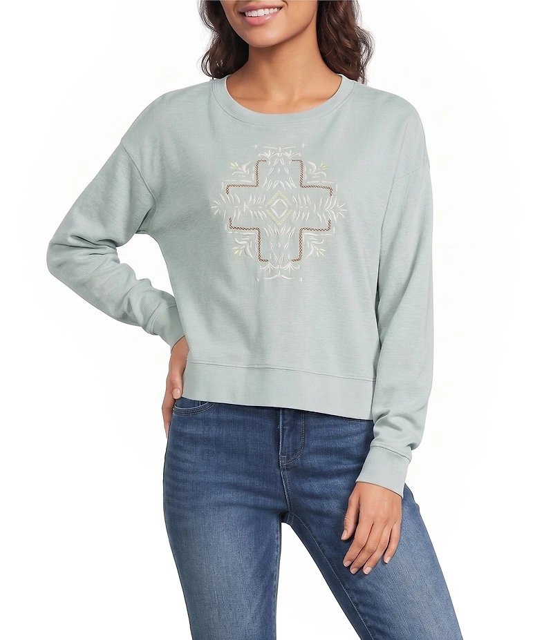 Pendleton Knit French Terry Crew Neck Long Sleeve Front Embroidered Graphic Pullover Top
