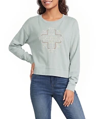 Pendleton Knit French Terry Crew Neck Long Sleeve Front Embroidered Graphic Pullover Top