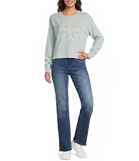Pendleton Knit French Terry Crew Neck Long Sleeve Front Embroidered Graphic Pullover Top