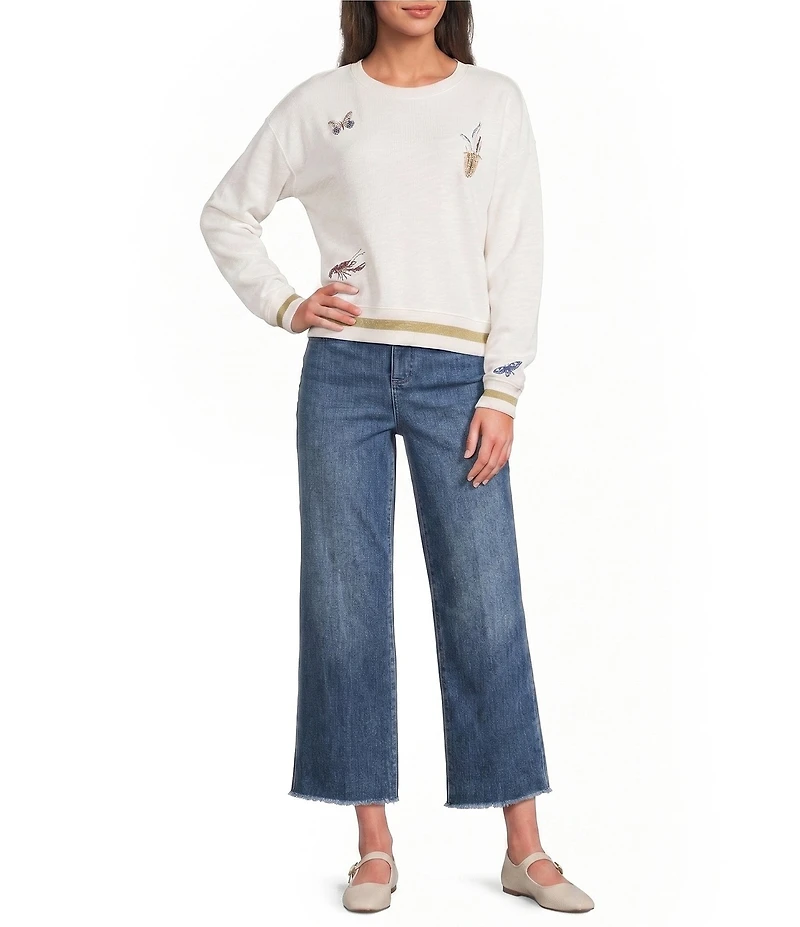 Pendleton Knit French Terry Crew Neck Long Sleeve Nautical Embroidered Top