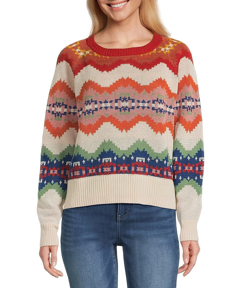 Pendleton Knit Graphic Stripe Crew Neck Long Raglan Sleeve Sweater