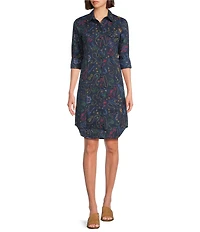 Pendleton Printed Point Collar Long Sleeve Poplin Shirt Dress