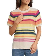 Pendleton Ribbed Knit Textured Stripe Crew Neck Short Sleeve Top