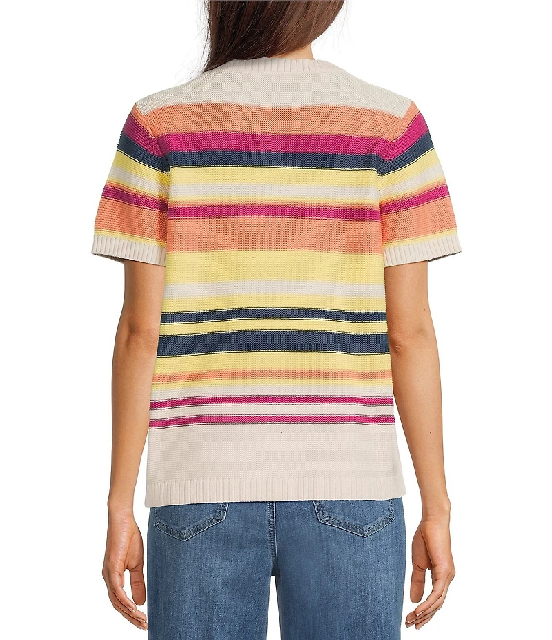 Pendleton Ribbed Knit Textured Stripe Crew Neck Short Sleeve Top