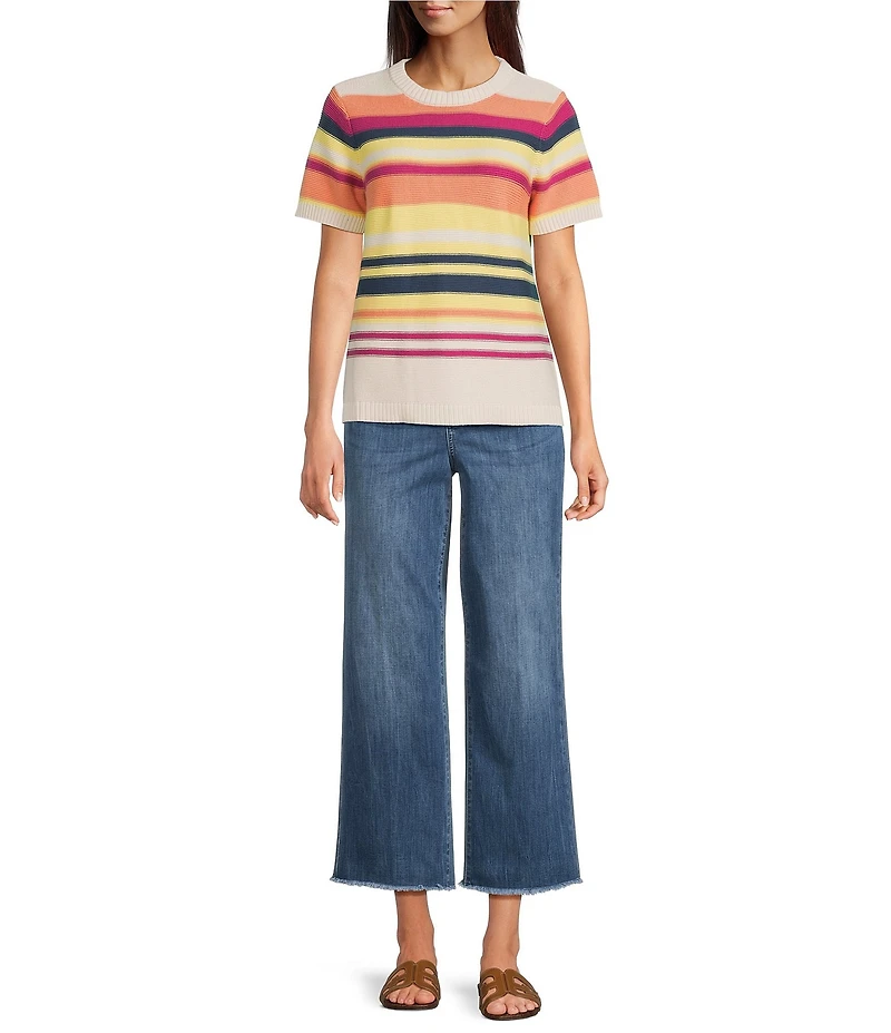 Pendleton Ribbed Knit Textured Stripe Crew Neck Short Sleeve Top