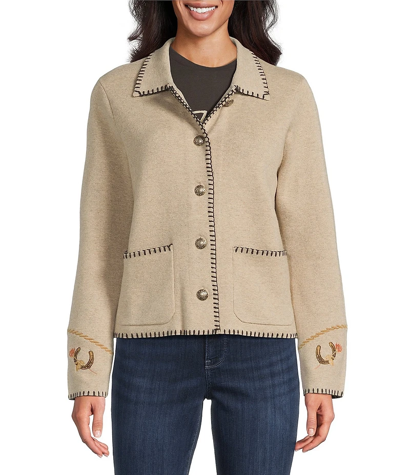 Pendleton Wool Blend Point Collar Long Sleeve Embroidered Souvenir Cardigan