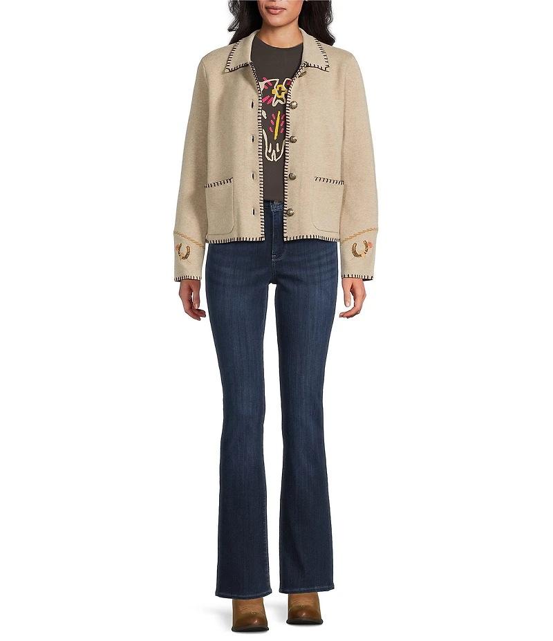 Pendleton Wool Blend Point Collar Long Sleeve Embroidered Souvenir Cardigan