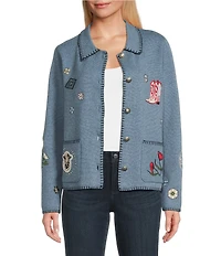 Pendleton Wool Blend Western Souvenir Accented Fold Down Collar Button Front Cardigan