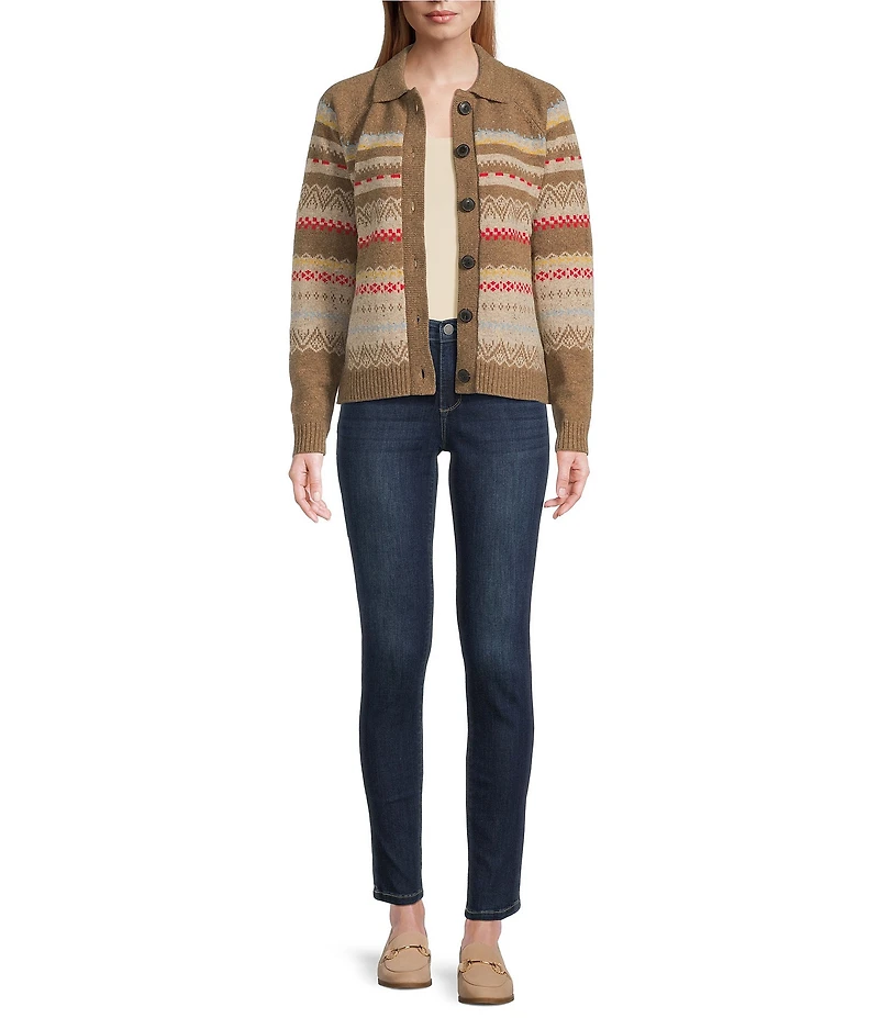 Pendleton Wool Fair Isle Striped Point Collar Long Sleeve Cardigan