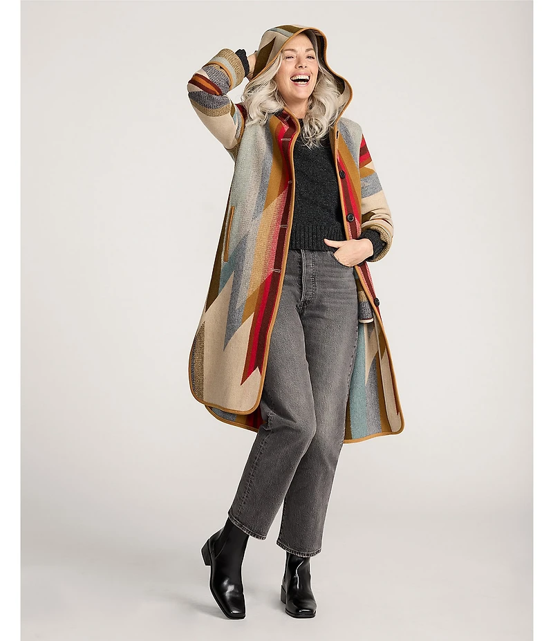 Pendleton Wool Jacquard Pattern Hooded Long Sleeve Cardigan