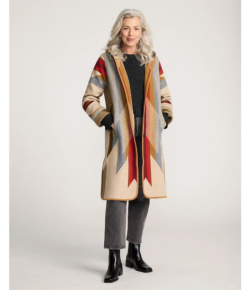 Pendleton Wool Jacquard Pattern Hooded Long Sleeve Cardigan