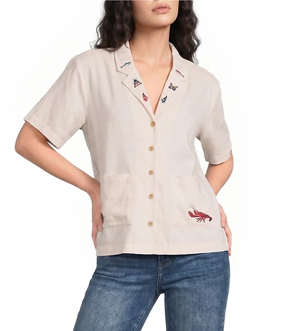 Pendleton Woven Embroidered Notch Collar Short Sleeve Camp Shirt