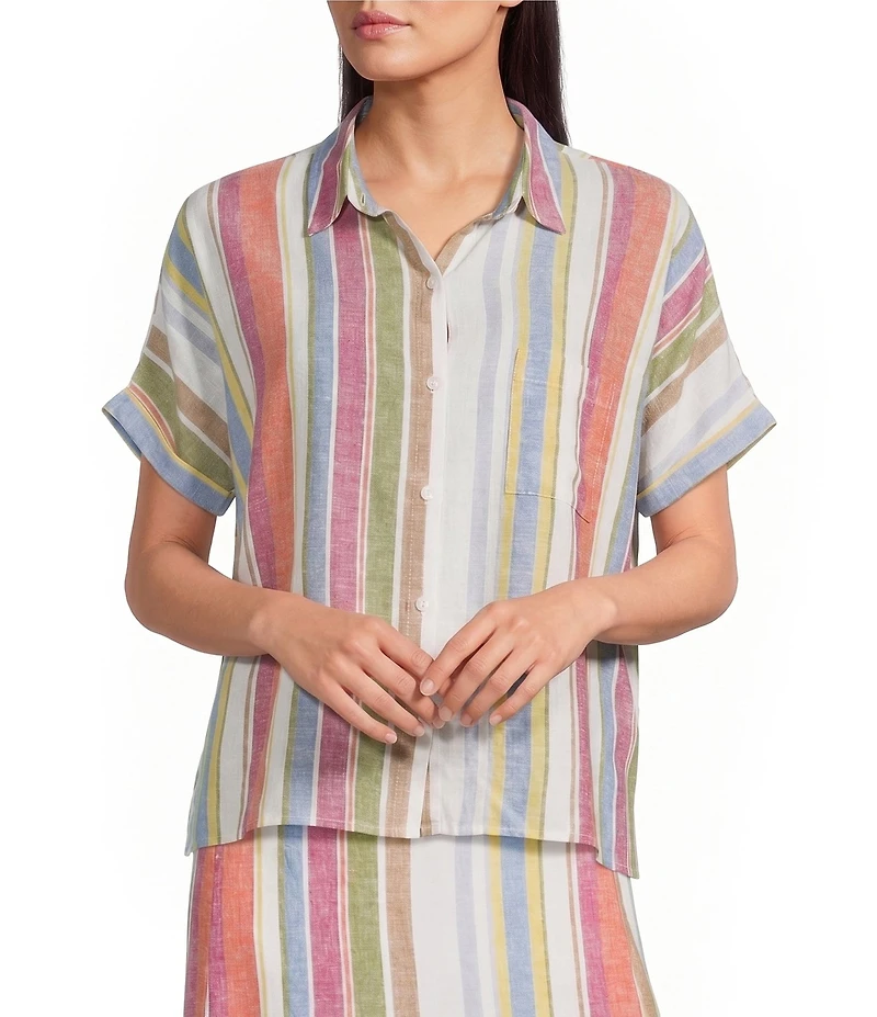 Pendleton Woven Multi Stripe Spread Collar Short Sleeve Shirt