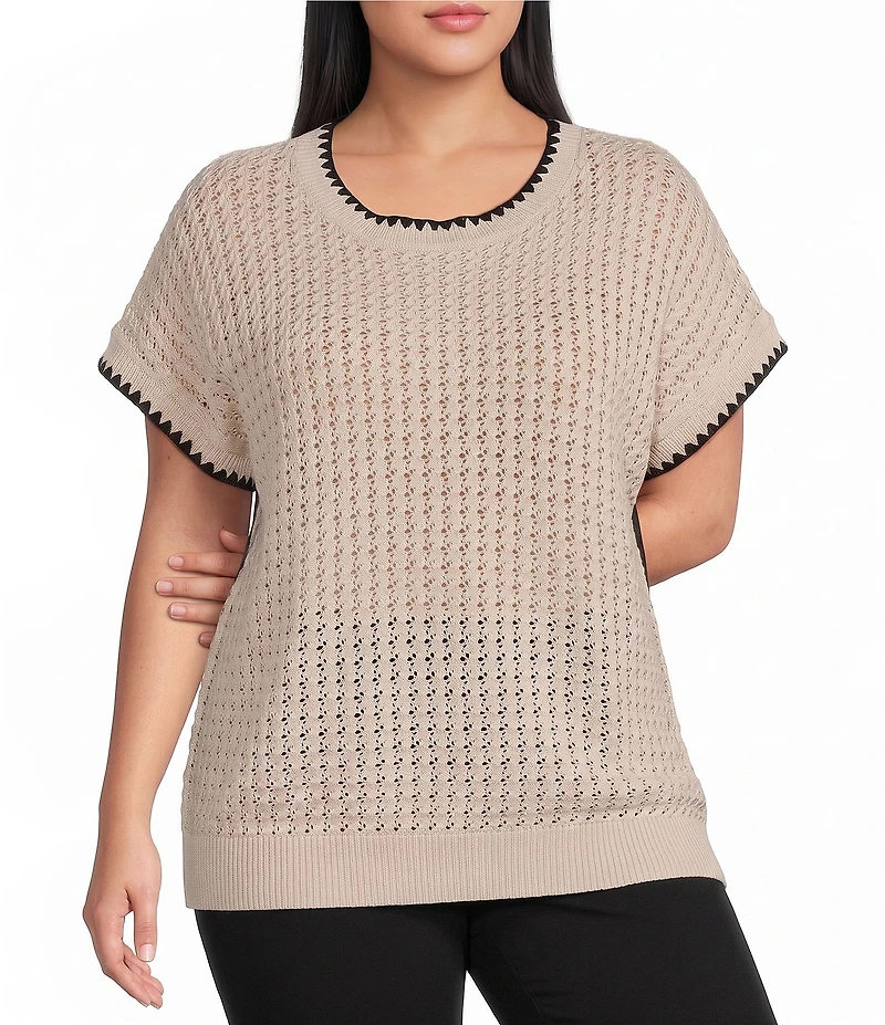 Perch Blu Pepper Plus Size Textured Knit Contrast Trim Round Neck Short Sleeve Sweater