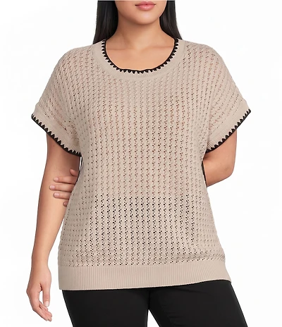 Perch Blu Pepper Plus Size Textured Knit Contrast Trim Round Neck Short Sleeve Sweater