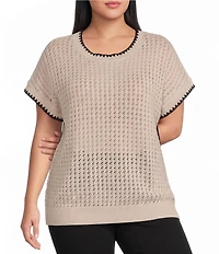 Perch Blu Pepper Plus Size Textured Knit Contrast Trim Round Neck Short Sleeve Sweater