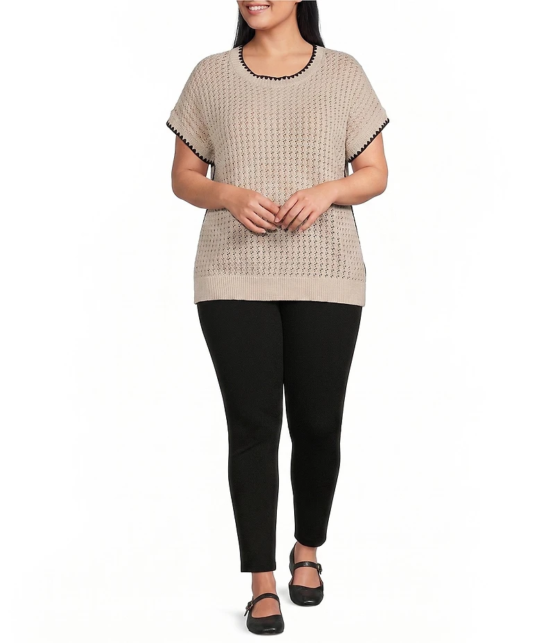 Perch Blu Pepper Plus Size Textured Knit Contrast Trim Round Neck Short Sleeve Sweater