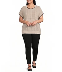 Perch Blu Pepper Plus Size Textured Knit Contrast Trim Round Neck Short Sleeve Sweater