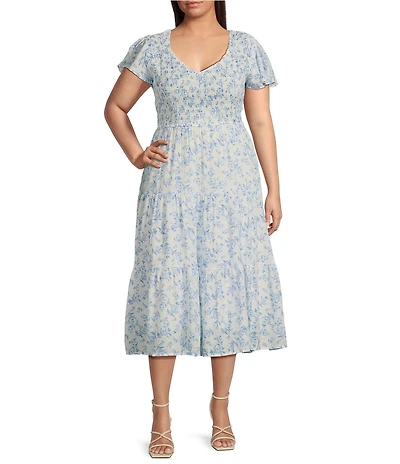 Perch By Blu Pepper Floral V-Neck Smocked Midi Dress