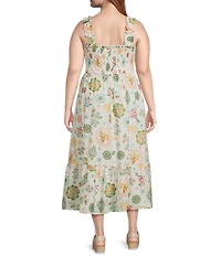 Perch By Blu Pepper Plus Fruit Print Smocked Sleeveless Midi Dress
