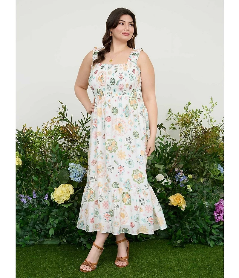 Perch By Blu Pepper Plus Fruit Print Smocked Sleeveless Midi Dress
