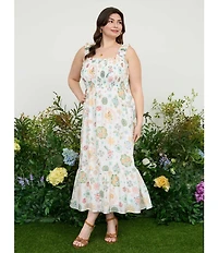 Perch By Blu Pepper Plus Fruit Print Smocked Sleeveless Midi Dress