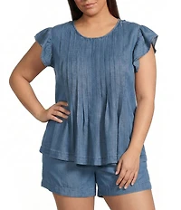 Perch by Blu Pepper Plus Round Neck Flutter Cap Sleeve Denim Top
