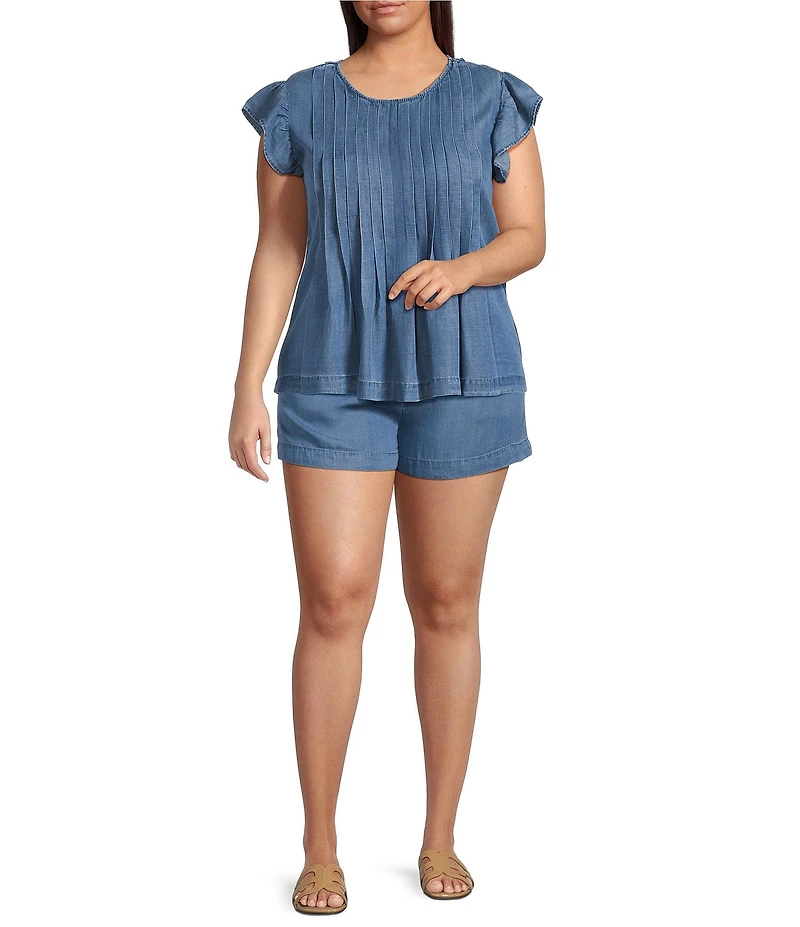Perch by Blu Pepper Plus Round Neck Flutter Cap Sleeve Denim Top