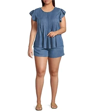 Perch by Blu Pepper Plus Round Neck Flutter Cap Sleeve Denim Top