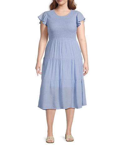 Perch By Blu Pepper Plus Short Flutter Sleeve Smocked Tiered Midi Dress
