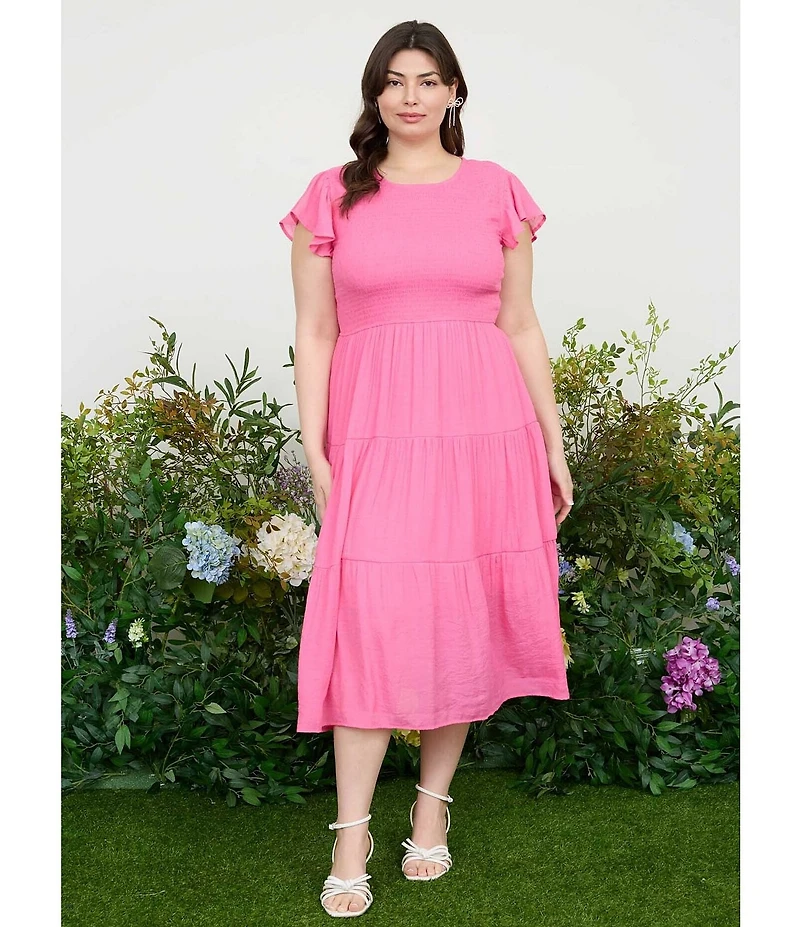 Perch By Blu Pepper Plus Short Flutter Sleeve Smocked Tiered Midi Dress