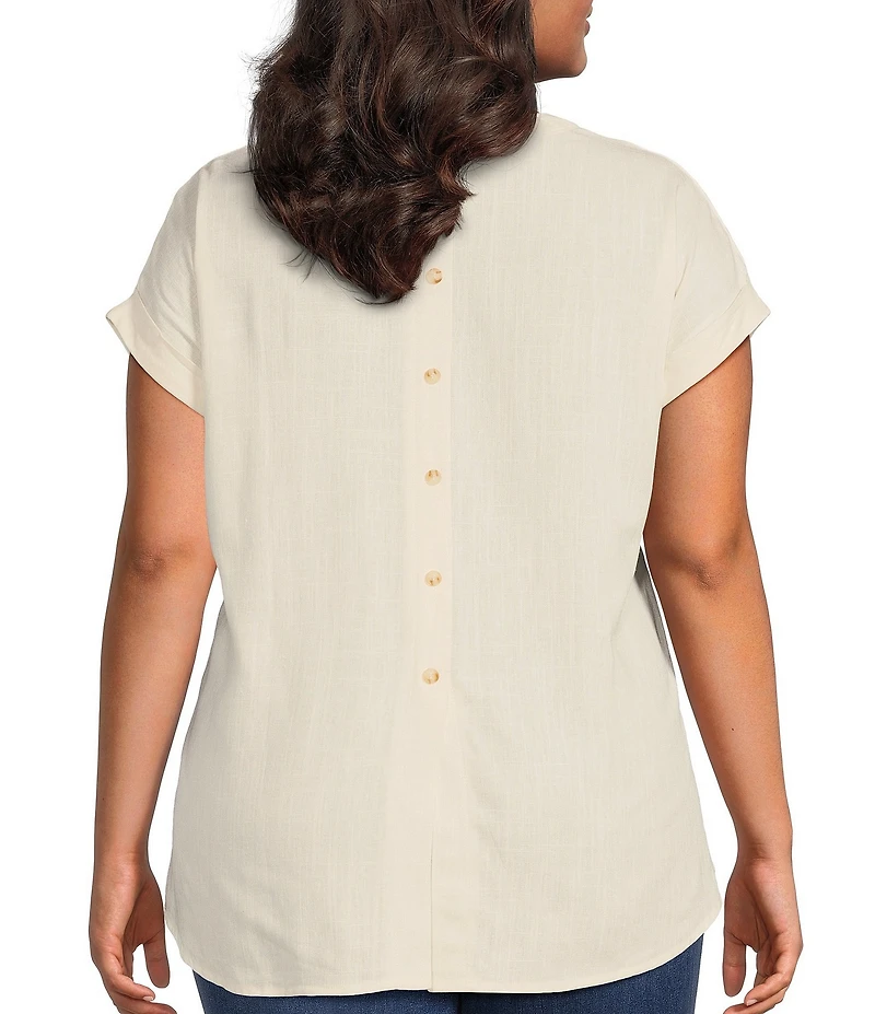 Perch By Blu Pepper Plus Short Sleeve Back Button Woven Linen Blend Top