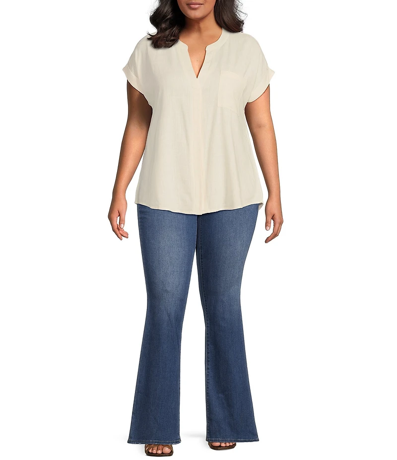 Perch By Blu Pepper Plus Short Sleeve Back Button Woven Linen Blend Top