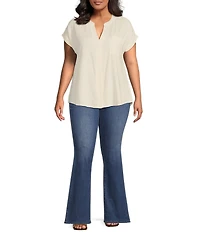 Perch By Blu Pepper Plus Short Sleeve Back Button Woven Linen Blend Top