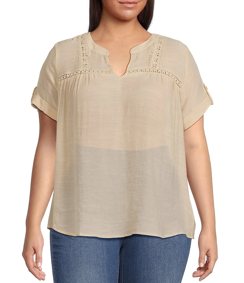 Perch By Blu Pepper Plus Short Sleeve Lace Trim Blouse