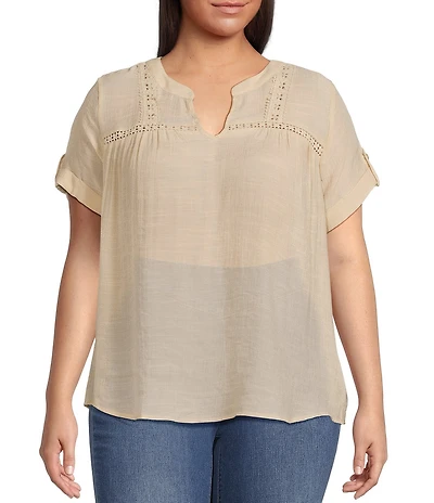 Perch By Blu Pepper Plus Short Sleeve Lace Trim Blouse