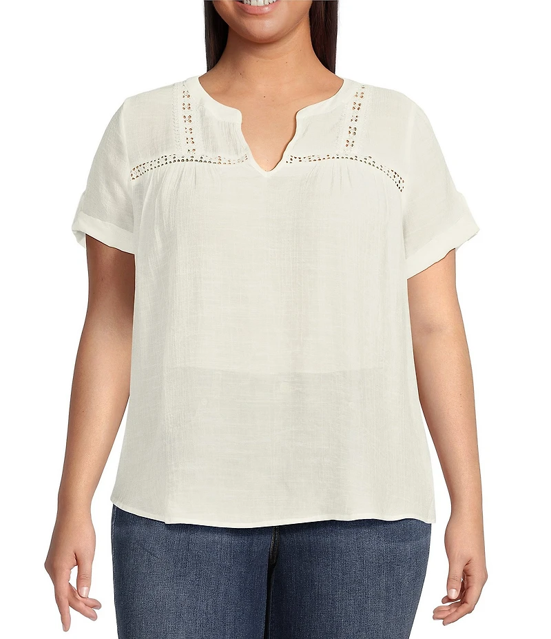 Perch By Blu Pepper Plus Short Sleeve Lace Trim Blouse