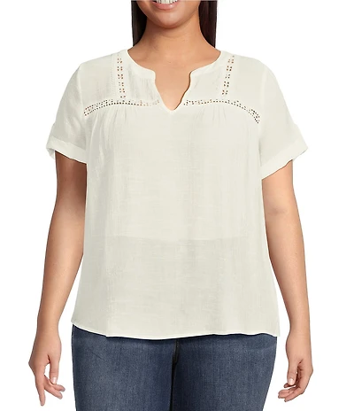 Perch By Blu Pepper Plus Short Sleeve Lace Trim Blouse