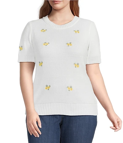 Perch by Blu Pepper Plus Size Crew Neck Short Sleeve Floral Embroidered Top