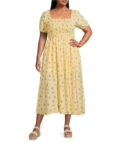Perch by Blu Pepper Plus Size Floral Print Square Neck Short Sleeve Smocked Midi Dress