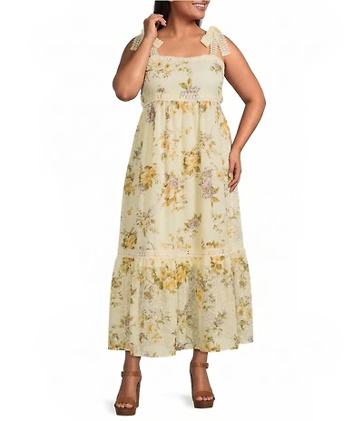 Perch by Blu Pepper Plus Size Floral Print Square Neck Sleeveless A-Line Midi Dress