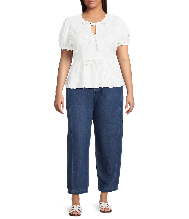 Perch by Blu Pepper Plus Size High Rise Front Tie Wide Barrel Leg Crop Denim Pants