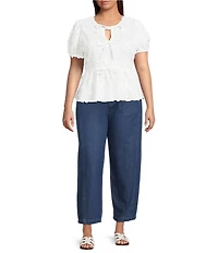 Perch by Blu Pepper Plus Size High Rise Front Tie Wide Barrel Leg Crop Denim Pants