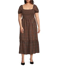 Perch by Blu Pepper Plus Size Plaid Smocked Square Neck Short Sleeve A-Line Ruffle Hem Midi Dress